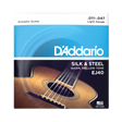 Packaging for D'Addario EJ40 Silk & Steel guitar strings with a picture of a acoustic guitar and blue logo design