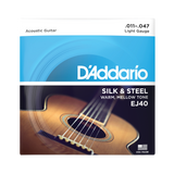 Packaging for D'Addario EJ40 Silk & Steel guitar strings with a picture of a acoustic guitar and blue logo design