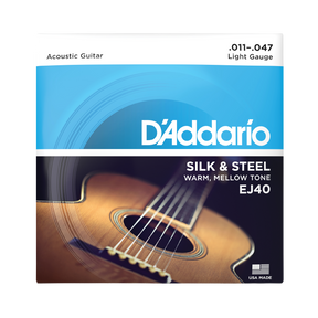 Packaging for D'Addario EJ40 Silk & Steel guitar strings with a picture of a acoustic guitar and blue logo design