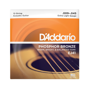 D'Addario EJ41 acoustic guitar string package, featuring an orange and dark blue design with a close-up of an acoustic guitar soundboard.
