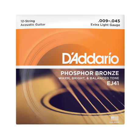 D'Addario EJ41 acoustic guitar string package, featuring an orange and dark blue design with a close-up of an acoustic guitar soundboard.