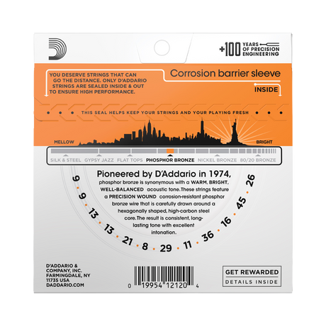 The backside of packaging for D'Addario EJ41 that includes product details and string gauges