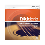 D'Addario EJ42 Phosphor Bronze Resophonic Guitar strings medium gauge packaging, featuring an orange and brown acoustic guitar sound graphic on a white background.