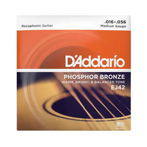 D'Addario EJ42 Phosphor Bronze Resophonic Guitar strings medium gauge packaging, featuring an orange and brown acoustic guitar sound graphic on a white background.