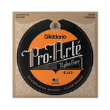 D'Addario Pro Arte EJ43 nylon core classical guitar strings in its original packaging, featuring a tan and black ornate design with a prominent orange circular label.