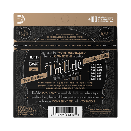 The back of a Pro-Arte EJ43 nylon guitar string package, showing product details, specifications, a barcode, and a seal on a dark patterned background.