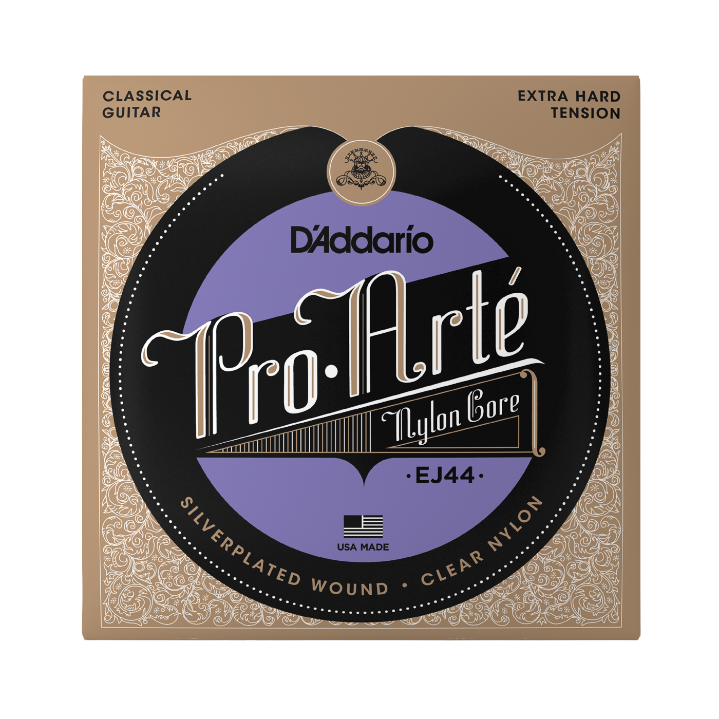 D'Addario Pro.Arté EJ44 classical guitar nylon core strings in its original packaging, featuring a tan and black ornate border with a central purple and black circular label.