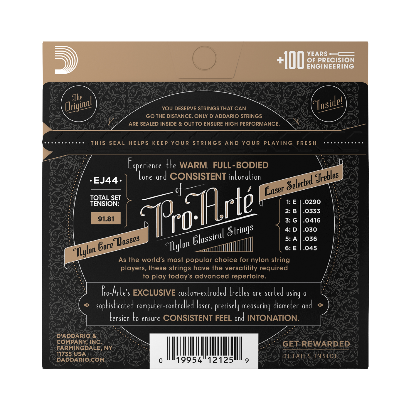 Back of a Pro-Arte nylon guitar string package, showing product information, branding, and a barcode on a dark brown and tan background.