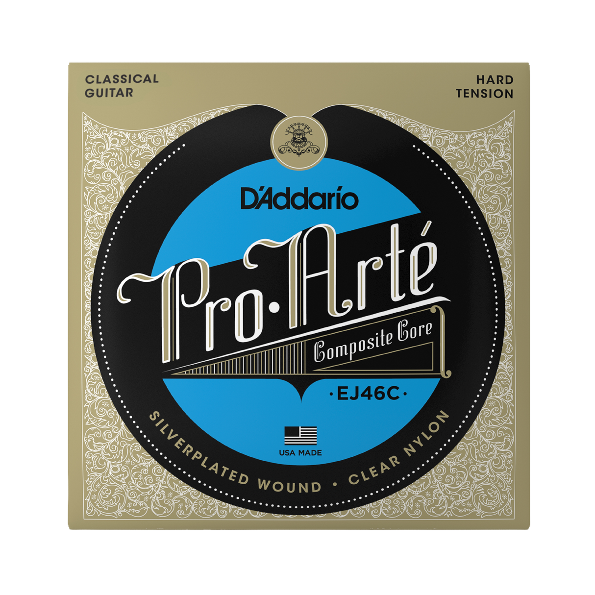 D'Addario Pro.Arté EJ46C classical guitar string box packaging, featuring a gold and black design with a blue circular center.