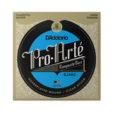 D'Addario Pro.Arté EJ46C classical guitar string box packaging, featuring a gold and black design with a blue circular center.