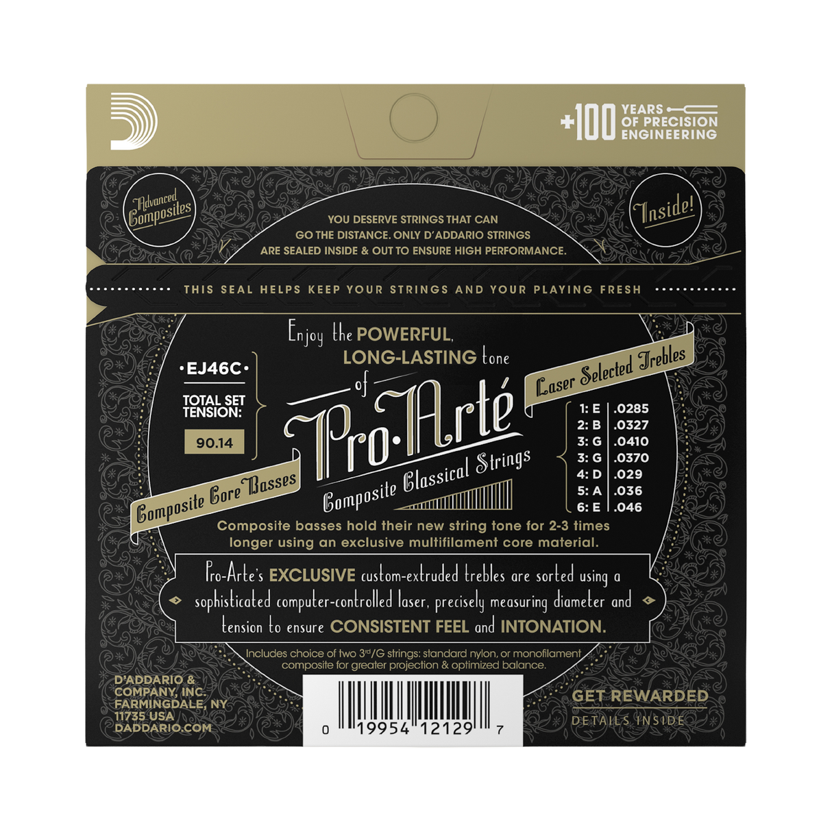 The back of a Pro-Arte D'Addario EJ46C compound classical guitar string package, featuring a black and gold design with product specifications, a string gauge chart, and a barcode.