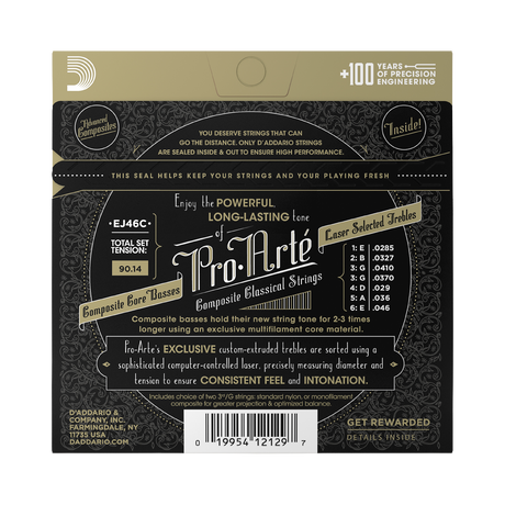 The back of a Pro-Arte D'Addario EJ46C compound classical guitar string package, featuring a black and gold design with product specifications, a string gauge chart, and a barcode.