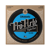 D'Addario Pro.Arté EJ46 classical guitar nylon string instrument packaging, featuring a tan and black design with a prominent blue circular logo.
