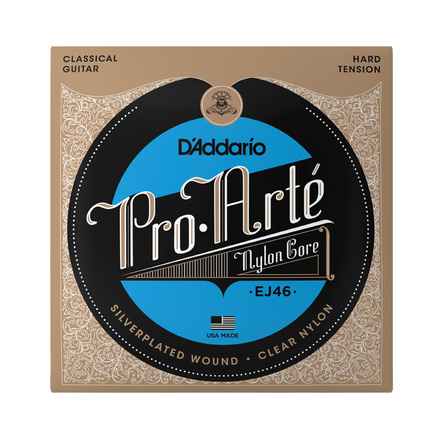 D'Addario Pro.Arté EJ46 classical guitar nylon string instrument packaging, featuring a tan and black design with a prominent blue circular logo.