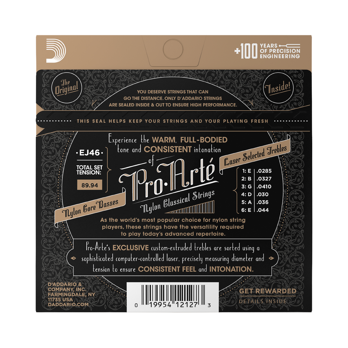 Back of a Pro-Arte EJ46 nylon classical guitar string set package, showing product information, brand logo, tone chart, and barcode on a dark patterned background.