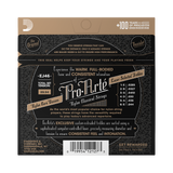 Back of a Pro-Arte EJ46 nylon classical guitar string set package, showing product information, brand logo, tone chart, and barcode on a dark patterned background.