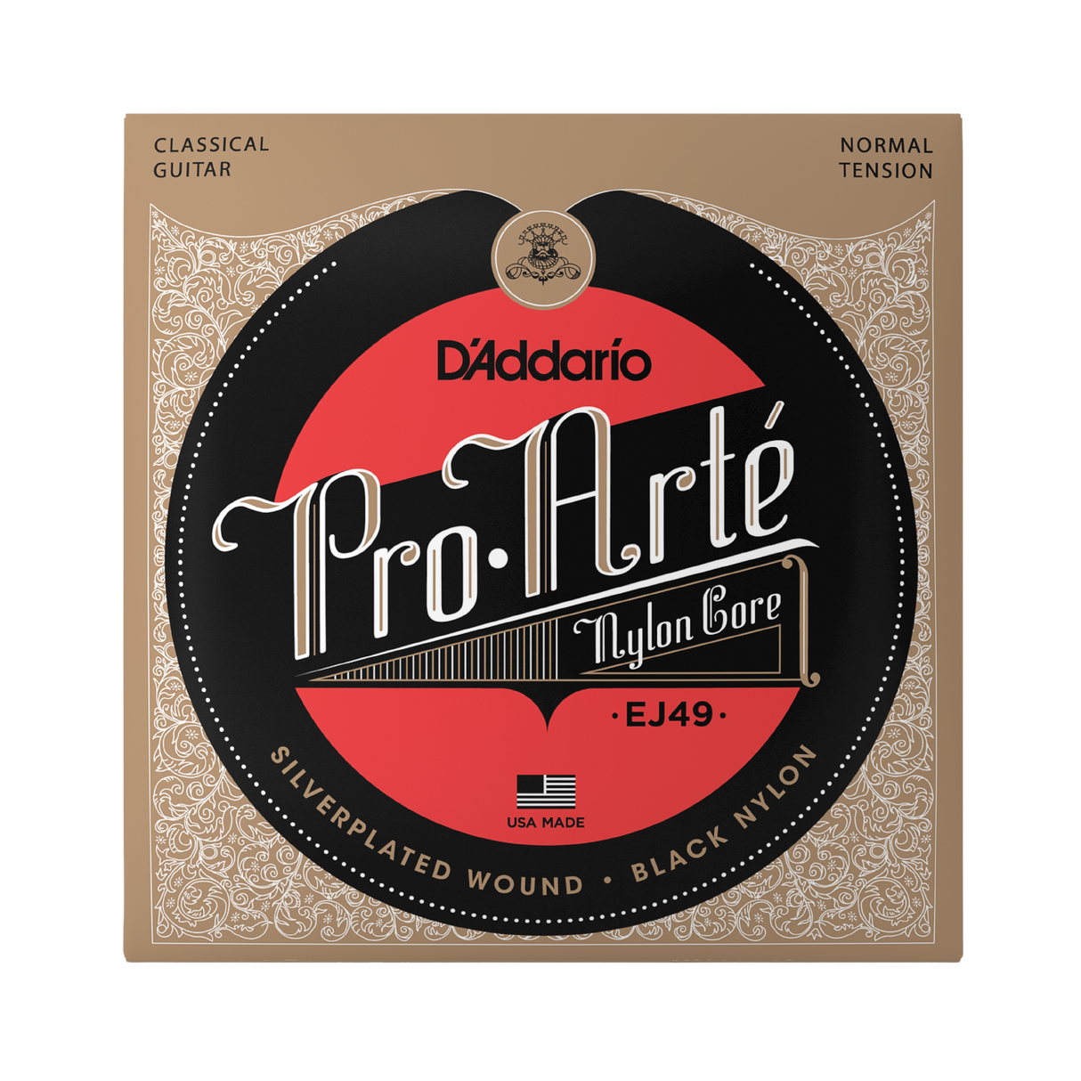 D'Addario Pro.Arté Nylon Core EJ49 classical guitar strings packaging, featuring a black and red circular logo on a beige ornate background.