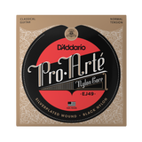 D'Addario Pro.Arté Nylon Core EJ49 classical guitar strings packaging, featuring a black and red circular logo on a beige ornate background.