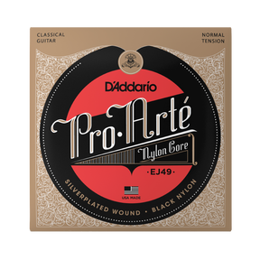 D'Addario Pro.Arté Nylon Core EJ49 classical guitar strings packaging, featuring a black and red circular logo on a beige ornate background.