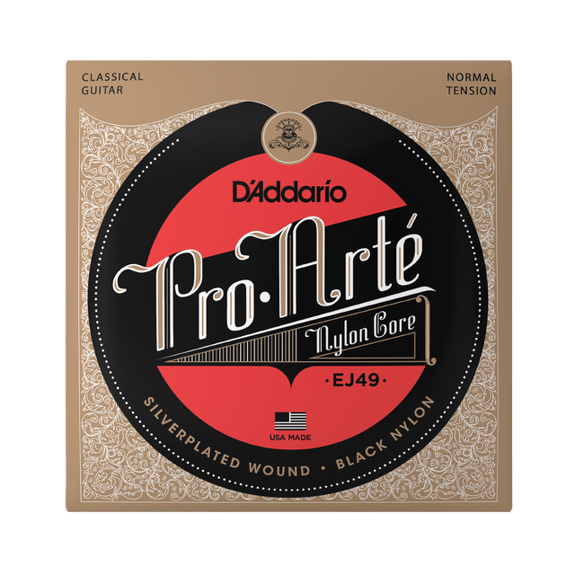 D'Addario Pro.Arté Nylon Core EJ49 classical guitar strings packaging, featuring a black and red circular logo on a beige ornate background.