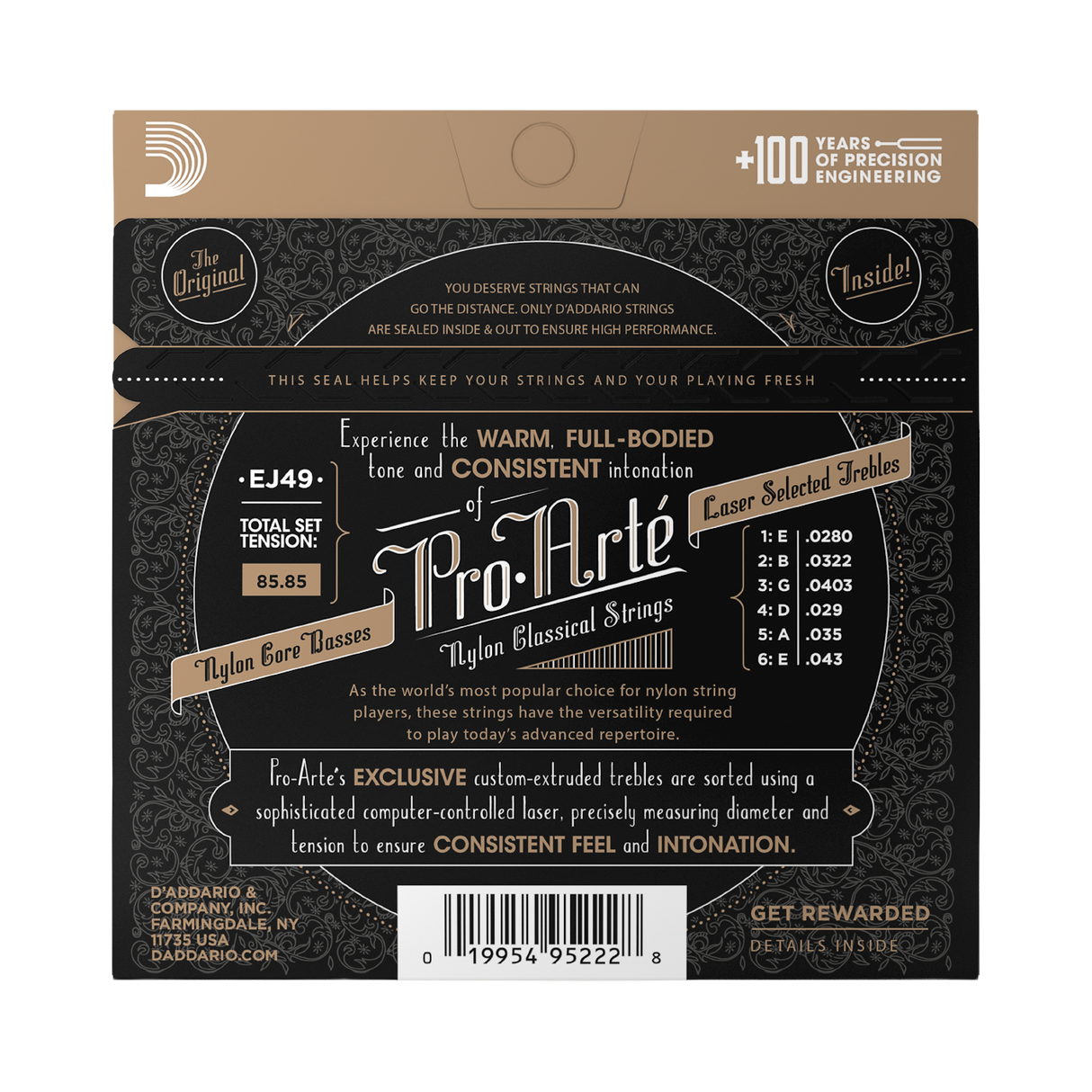 The back of a Pro-Arte nylon classical strings package, showing product information