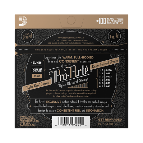 The back of a Pro-Arte nylon classical strings package, showing product information