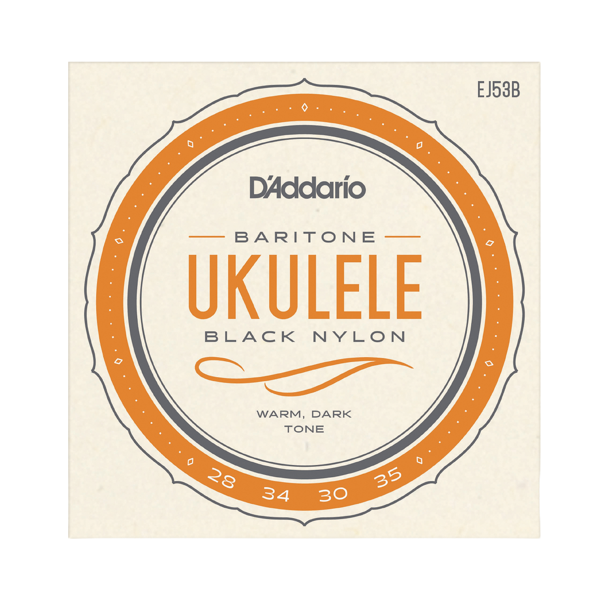 D'Addario Ukulele Black Nylon guitar strings package, model EJ53B. The packaging features a circular design with orange and dark gray accents on a cream-colored background.