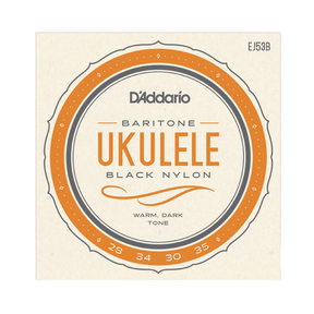 D'Addario Ukulele Black Nylon guitar strings package, model EJ53B. The packaging features a circular design with orange and dark gray accents on a cream-colored background.