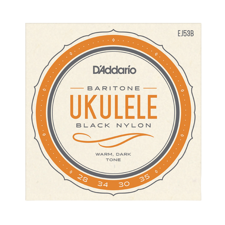 D'Addario Ukulele Black Nylon guitar strings package, model EJ53B. The packaging features a circular design with orange and dark gray accents on a cream-colored background.