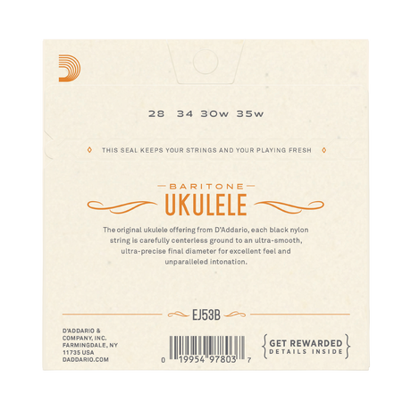 Back of a D'Addario Baritone Ukulele string package, showing product information, model EJ53B, barcode, and branding on a light cream background.