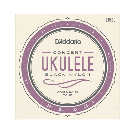 D'Addario Concert Ukulele Black Nylon guitar strings packaging, featuring a circular label with purple and gray accents on a cream background.