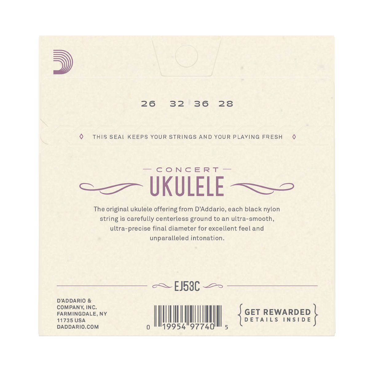 The back of a D'Addario Concert Ukulele package, showing product information like model number, description, and barcode.