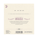 The back of a D'Addario Concert Ukulele package, showing product information like model number, description, and barcode.