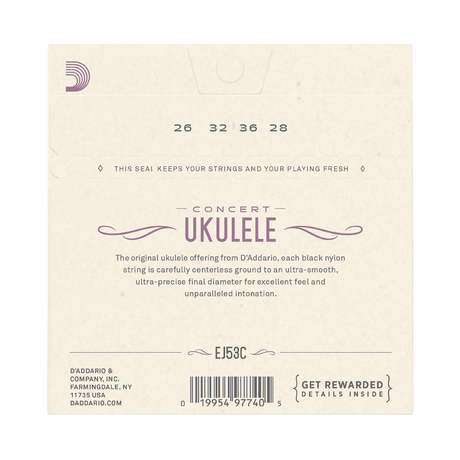 The back of a D'Addario Concert Ukulele package, showing product information like model number, description, and barcode.