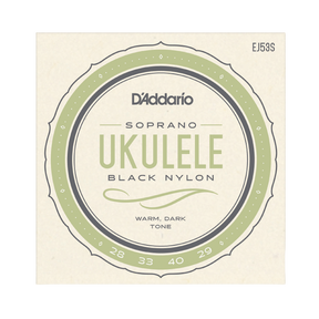 D'Addario Soprano Ukulele Black Nylon strings package, featuring a circular label with sage green and dark gray details on a cream-colored background.