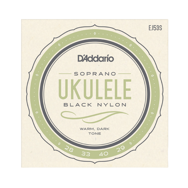D'Addario Soprano Ukulele Black Nylon strings package, featuring a circular label with sage green and dark gray details on a cream-colored background.