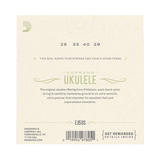 Back of a D'Addario EJ5S Soprano Ukulele package, showing product information, string numbers 28 33 40 29, a barcode, and a black string seal on a light beige background.