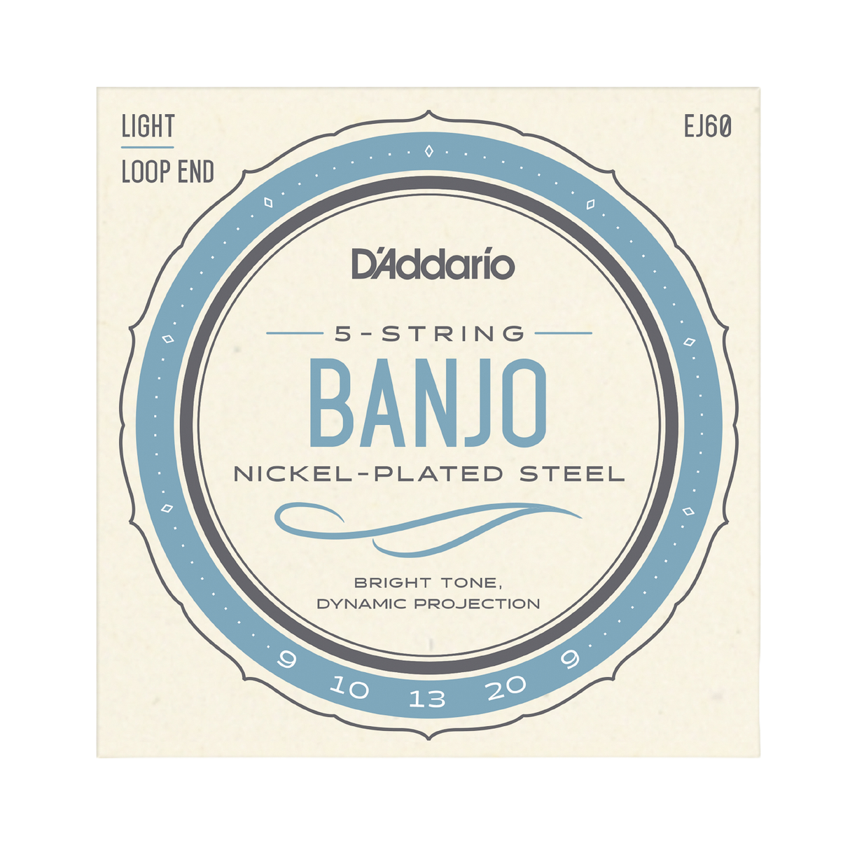 D'Addario Banjo 5-string nickel-plated steel guitar strings, Light tension, Loop End, EJ60, shown in its original cream-colored cardboard packaging with blue and gray circular graphics.