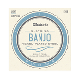 D'Addario Banjo 5-string nickel-plated steel guitar strings, Light tension, Loop End, EJ60, shown in its original cream-colored cardboard packaging with blue and gray circular graphics.