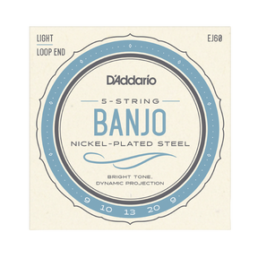 D'Addario Banjo 5-string nickel-plated steel guitar strings, Light tension, Loop End, EJ60, shown in its original cream-colored cardboard packaging with blue and gray circular graphics.