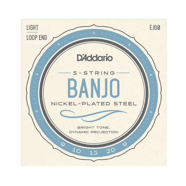 D'Addario Banjo 5-string nickel-plated steel guitar strings, Light tension, Loop End, EJ60, shown in its original cream-colored cardboard packaging with blue and gray circular graphics.