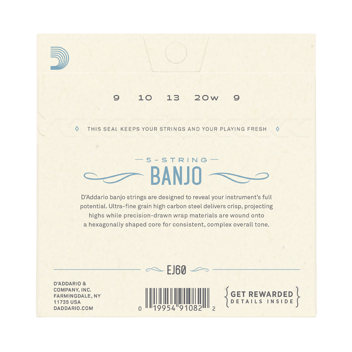 The back of a D'Addario 5-string banjo string package, showing product information, model EJ60, a barcode, and descriptive text on a cream-colored background.