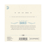The back of a D'Addario 5-string banjo string package, showing product information, model EJ60, a barcode, and descriptive text on a cream-colored background.