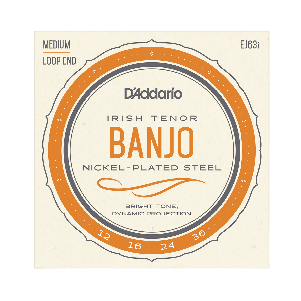 D'Addario Banjo Irish Tenor nickel-plated steel guitar strings, size 12-36, medium loop end, in a square cream-colored paper packaging sleeve with orange and gray graphic accents.
