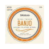 D'Addario Banjo Irish Tenor nickel-plated steel guitar strings, size 12-36, medium loop end, in a square cream-colored paper packaging sleeve with orange and gray graphic accents.