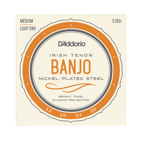 D'Addario Banjo Irish Tenor nickel-plated steel guitar strings, size 12-36, medium loop end, in a square cream-colored paper packaging sleeve with orange and gray graphic accents.