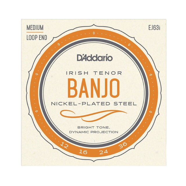 D'Addario Banjo Irish Tenor nickel-plated steel guitar strings, size 12-36, medium loop end, in a square cream-colored paper packaging sleeve with orange and gray graphic accents.