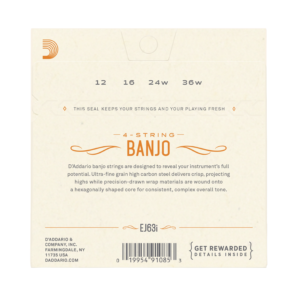 The back of a D'Addario Banjo 4-string guitar string package, showing string gauges 12, 16, 24w, and 36w, with product details, a barcode, and branding on an off-white background.