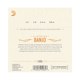 The back of a D'Addario Banjo 4-string guitar string package, showing string gauges 12, 16, 24w, and 36w, with product details, a barcode, and branding on an off-white background.