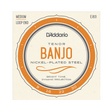 D'Addario Tenor Banjo Nickel-Plated Steel guitar strings package, size Medium Loop End (EJ63), featuring orange, gray, and black text on a cream-colored background.